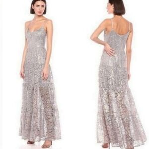 Dress The Population Antoinette Grey Lavender Gold Lace Tiered Maxi Dress Large